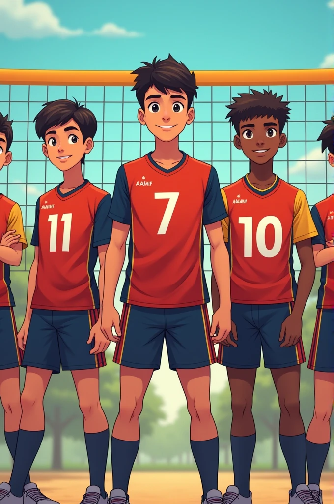 an 4 boys was standing confidently behind the volleyball net. 1st boy should wear volleyball tshirt in that there should be name aashif and number 11.
2nd boy also should wear volleyball tshirt in that there should be name sharwin and number 8. 3rd boy also wear volleyball tshirt in that there should be name lohit and number 7 he must be handsome in that group.4th boy also should wear volleyball tshirt in that there should be name aravind and number 10. Lohit should be stand in center