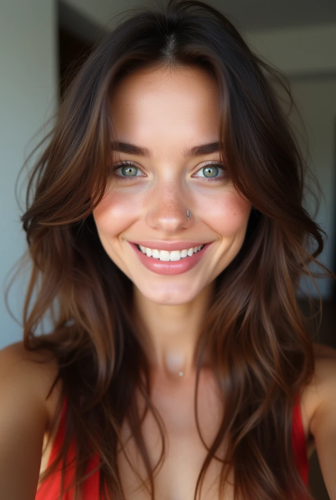 une jeune brune, avec de longs cheveux bruns et de beaux yeux bleus, style précis, couches ondulées et texturées, ambre clair et rose, coton olive, éclairage flatteur, élégance sans effort. Prendre un selfie, pose sexy. avec un grand et beau sourire (montrant ses dents), (quand il sourit il fait deux trous dans ses joues).