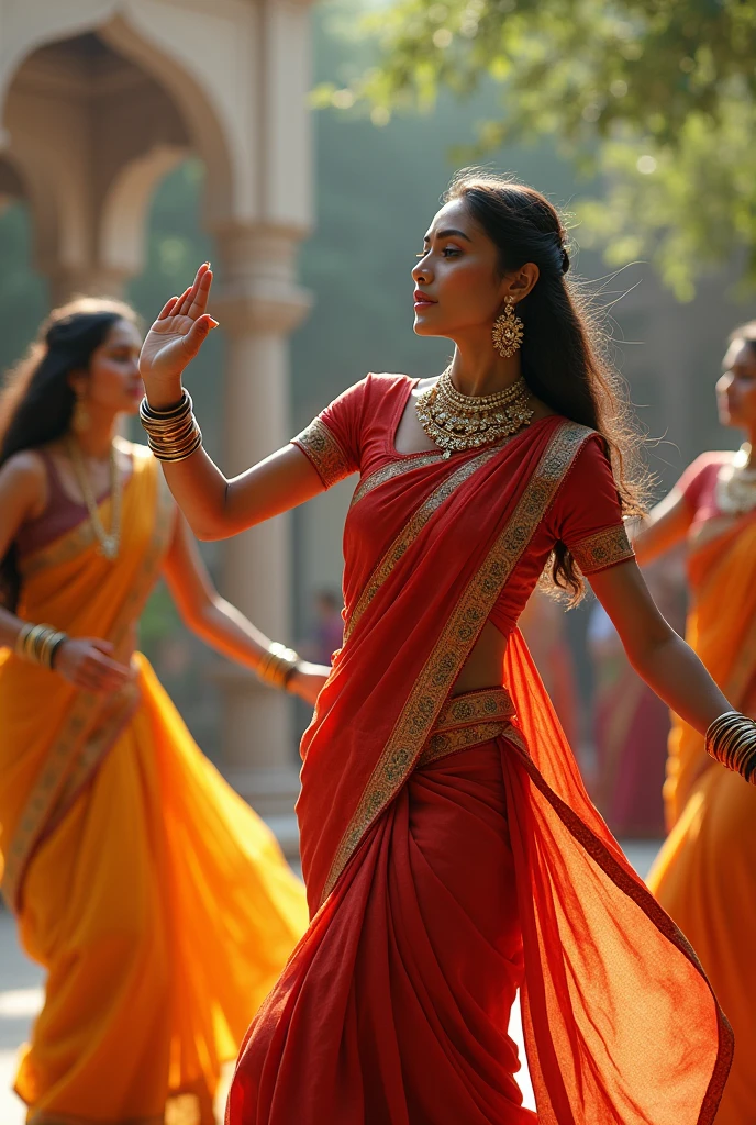 Group of beutiful indian lady dancing in sari in indus Valley civilization 