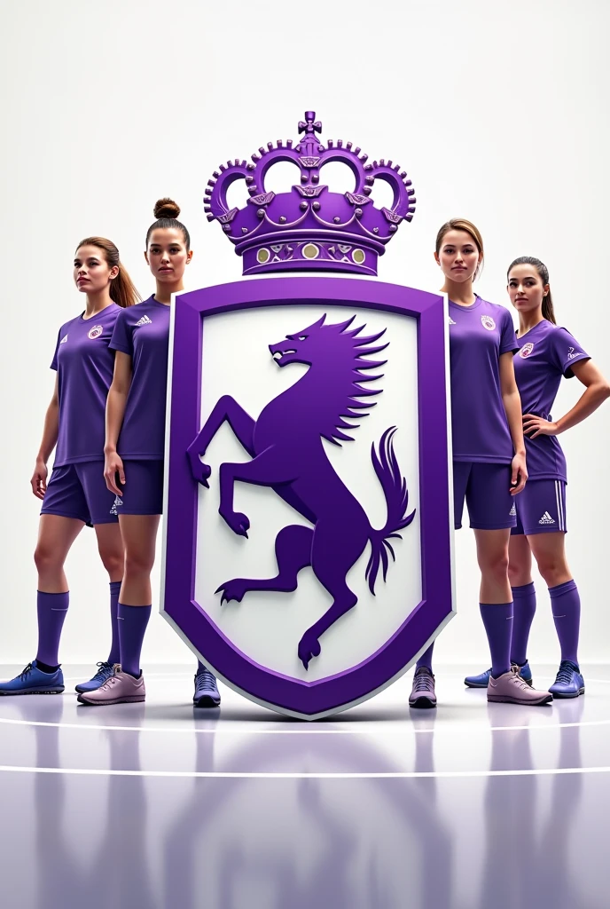 Create an image of a women's futsal team,that the colors are purple and white, design resembles the Real Madrid shield with the crown,o nome Pegasus ,A logo , highlights the logo with a white background