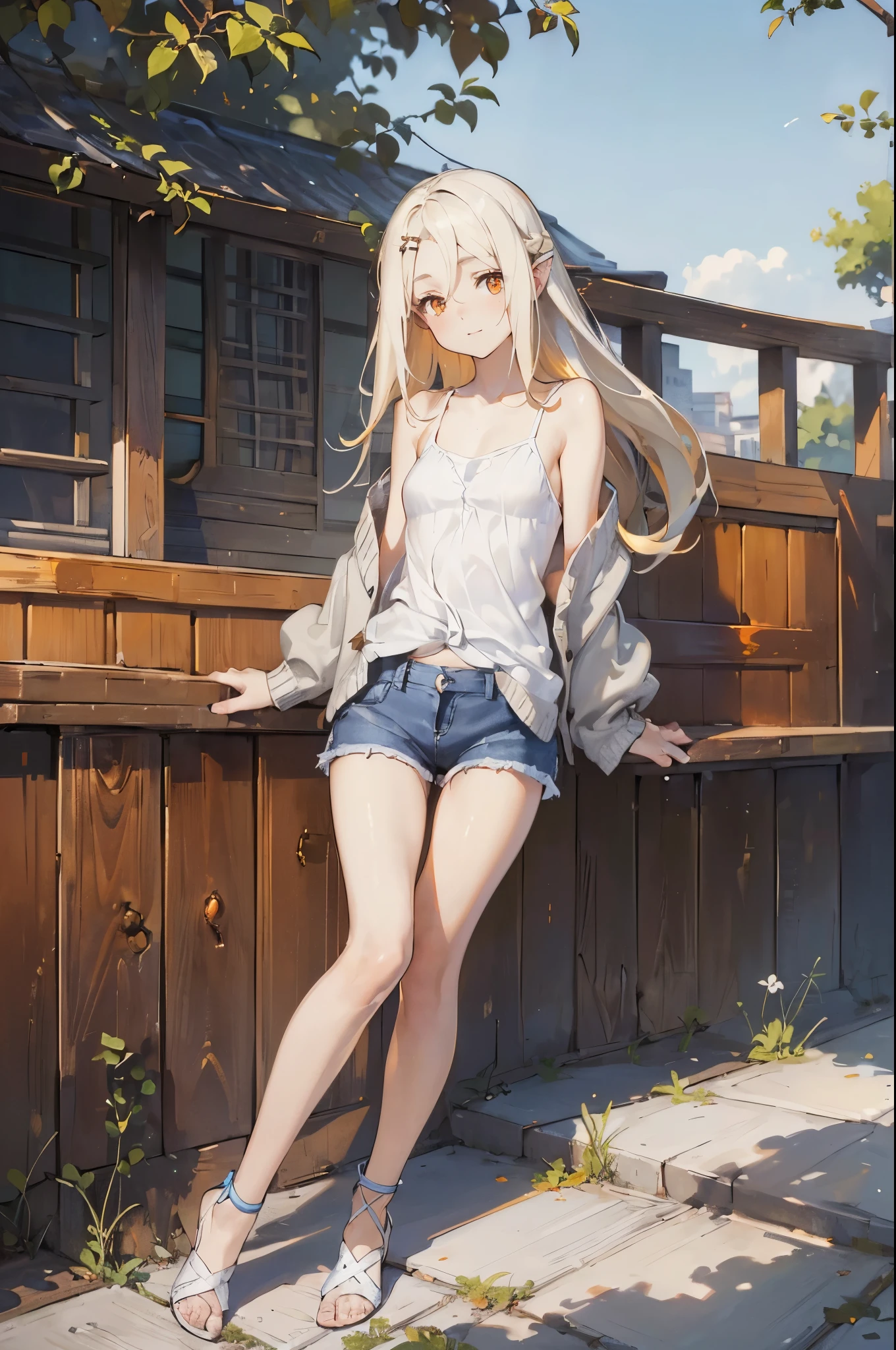 masterpiece, ultra detailed, 8k portrait, RAW photo, portrait photography, Highly detailed face, beautiful and meticulous eyes, (amber color eyes:1.5), 15 years old, (smile:1.0), standing:1.5, outdoor, (white thin camisole:1.5) and (LowriseXL blue shorts:1.5), (navel:1.2), (put on ankle length long white summer cardigan:1.5), cute girl, long hair, (white blond hair:1.5), (shoulder length hair:1.5), show forehead, one side parted hair, hairpin, (sleepy face:1.0), young girl, 1girl, beauty girl, pretty girl, 159cm, 41kg, slim:1.5, flat chest:1.5,