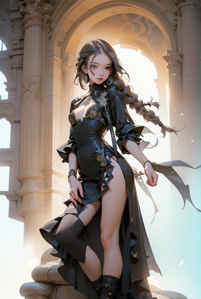 (((masterpiece, of the highest quality, super detailed))), ((a female knight of an occult order)), (an occult saint), (combat pose), (ready for combat), (resolved expression), (resolute expression), (((floating sword, nier automata))), (nier automata meets bloodbourne), ((Edwardian/Victorian era inspired)), ((minimal but intricate beautiful armour)), (big forhead:1.2),extremely detailed cute anime face, (((flat chest))), ((flat chest:1.1)), ((((long twin braids,tight braids,long braid,braided hair,long hair)))), ((ponytail, thick ponytail, heavy ponytail)),  (((Fluttering lace flared dress with frilly petticoats))), ((((Highly detailed face))), (((Very sharp focused eyes))), very long eyelashes, ((small breasts)), (((flat chest:1.1))), occult aesthetic, (red and white clothing detailed and intricate steampunk and detailed gothic), (with a hood), complex lace boots, (full body)