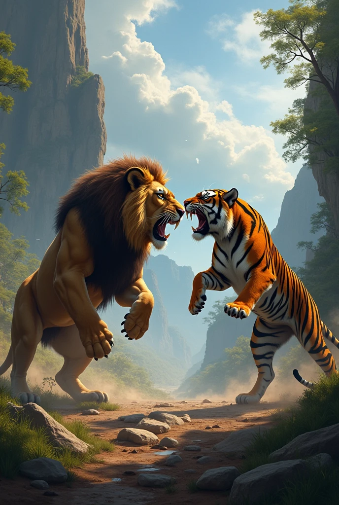 Lion and tiger fighting 