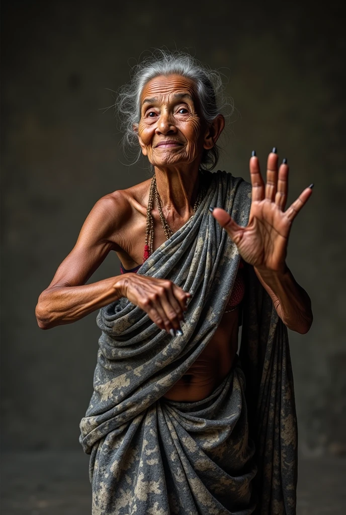 
Balinese old woman rangda-faced wearing a shabby black and white sarong while dancing, , long fingernails, realistic photo, Sharp pictures,detail character