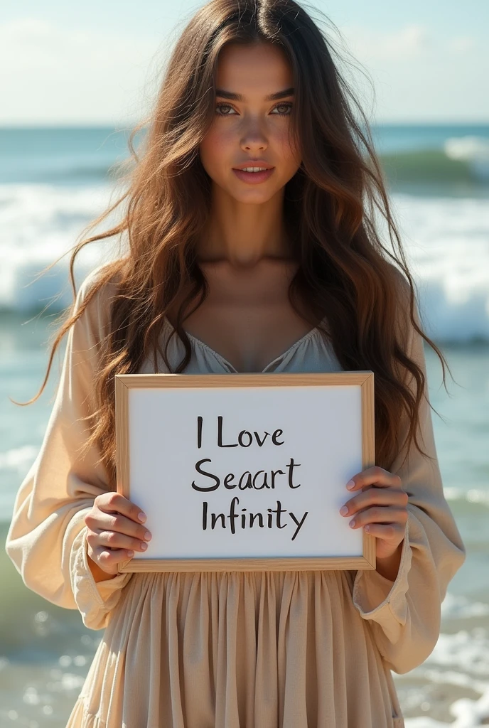 Beautiful girl with wavy long hair, bohemian dress, holding a white board with text "I Love Seaart Infinity" and showing it to the viewer