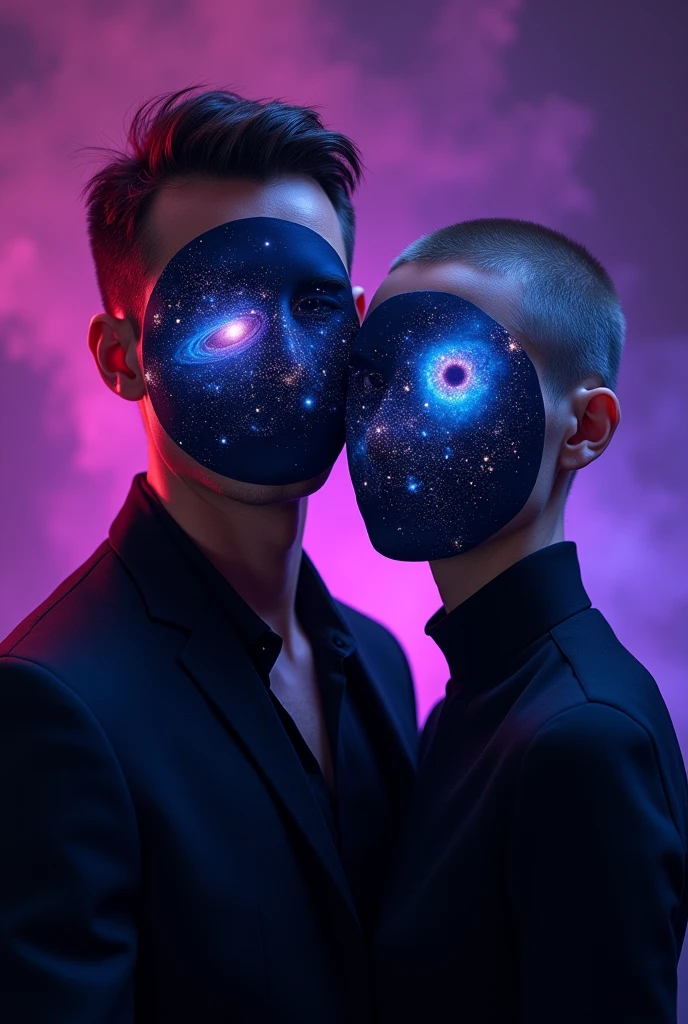 Create a profile picture for a YouTube channel of two people. On the channel, we will address science and philosophy, history, with a purple and black background. Make everything look fantastic and incredible. I don't want realism. A man and a woman. Don't make them look like they have some kind of romantic connection. They are friends and don't show their faces. They are just friends. I make them look straight ahead, but put a universe mask on their faces. The woman has shorter hair and they are still looking forward. The woman has shaved hair and they are looking at the camera. He is her nephew. No way. The man has short hair and the woman has very short hair.