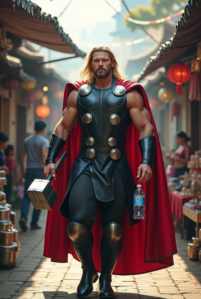superhero Thor in a traditional market, carrying a hammer and a bottle of mineral water, there is a writing "don't be a spreader of hoax news" in background. photography, 16k, ultra realistic