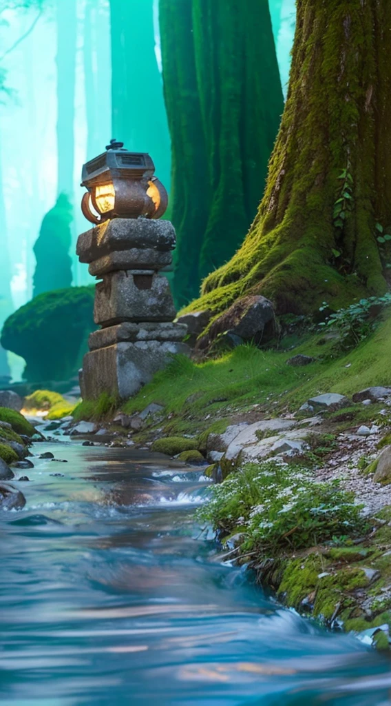 There is a stream flowing through a forest with stone lanterns, real，Super Realism，Photorealistic landscape photography。