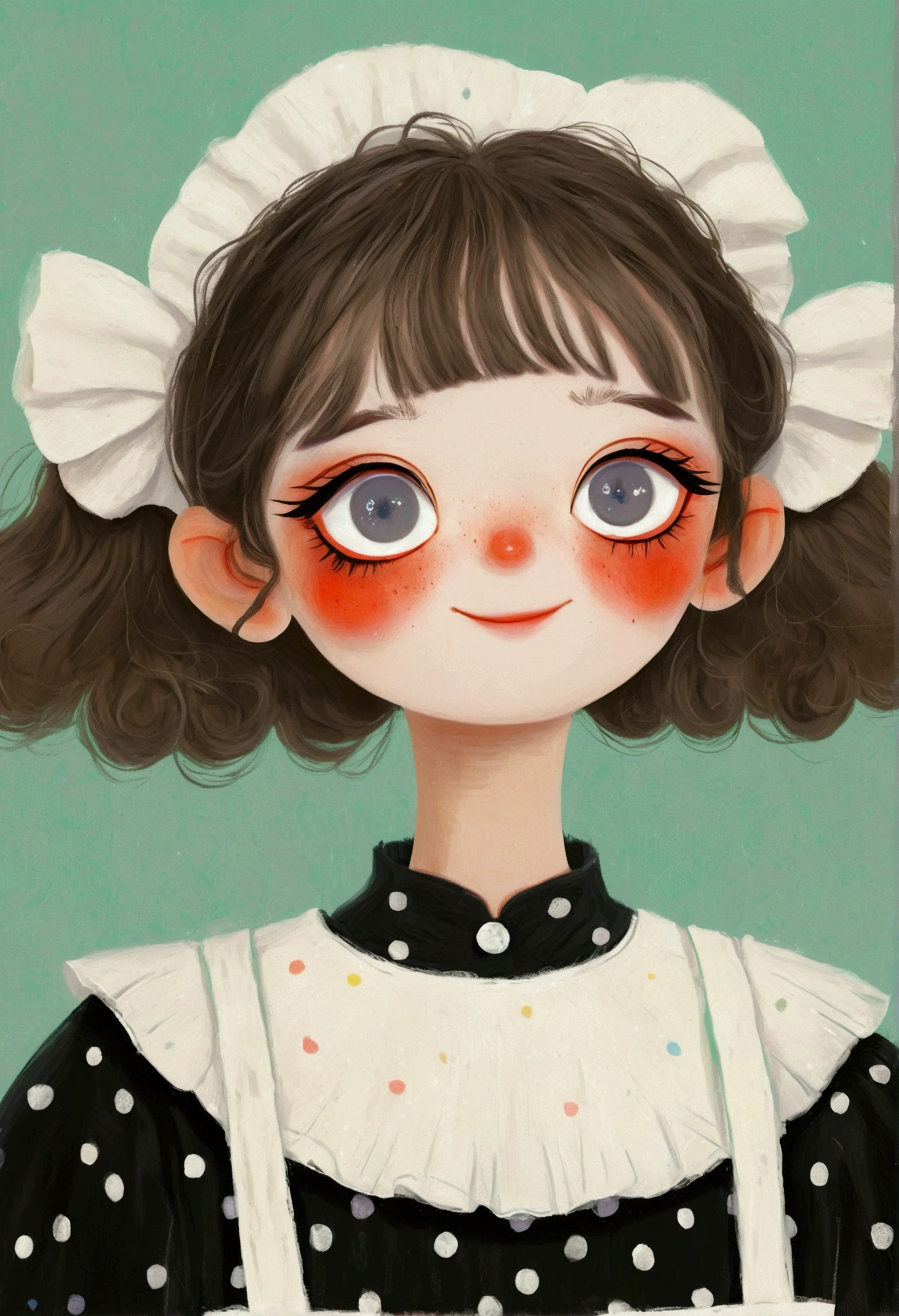 A painting,Pastel Art: in black and white maid costume。big eyes,short hair,laughing out loud,teeth。Lovely art style, Lovely and detailed digital art, Cute numbers艺术, Lovely artwork, Kawaii realistic portrait, Change, Cute numbers, Lovely portrait, Kasuga, Lovely characters, Cute colorful lovely red background