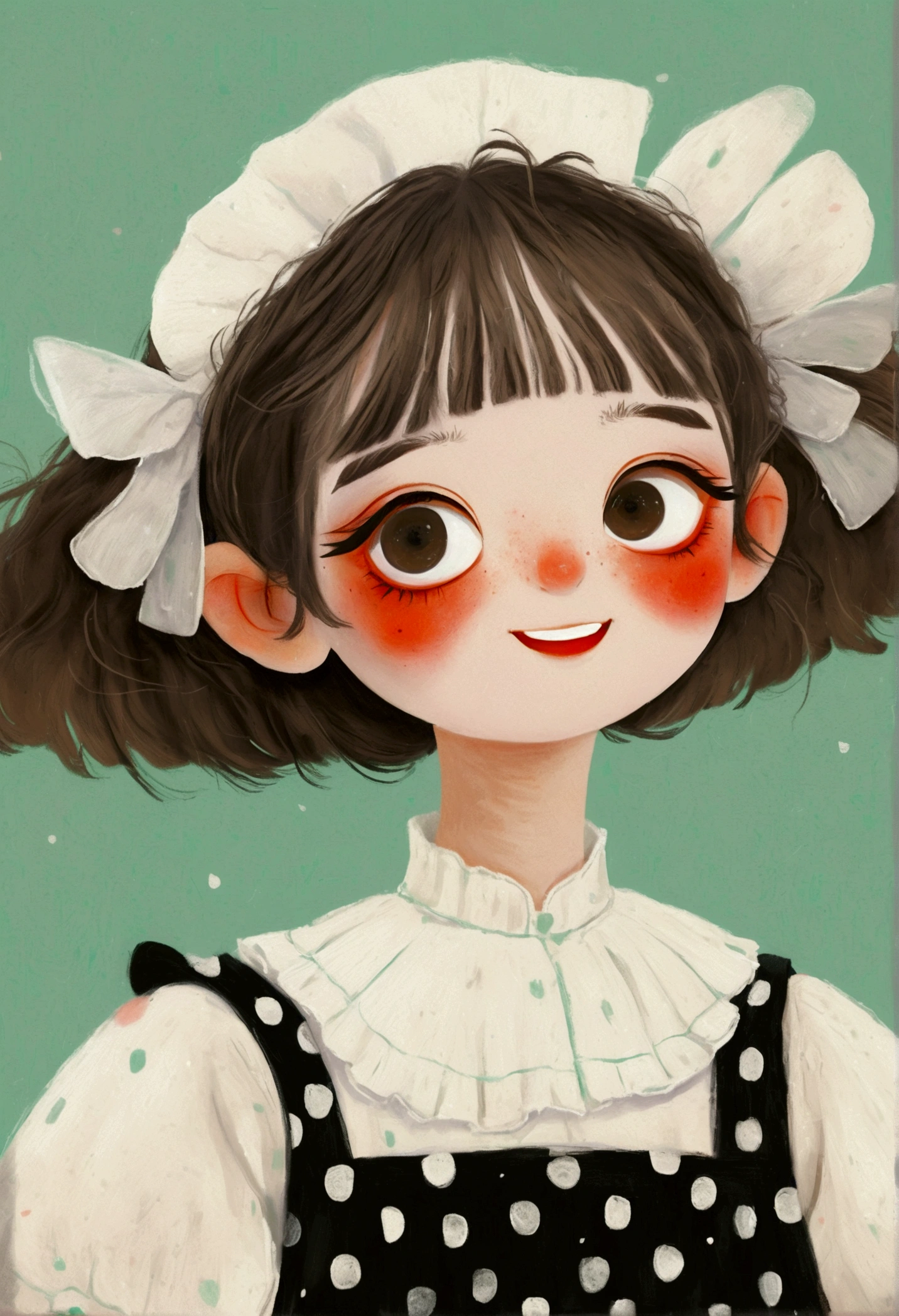 A painting,Pastel Art:Little girl in black and white maid costume。big eyes,short hair,laughing out loud,teeth。Lovely art style, Lovely and detailed digital art, Cute numbers艺术, Lovely artwork, Kawaii realistic portrait, Change, Cute numbers, Lovely portrait, Kasuga, Lovely characters, Cute colorful lovely red background