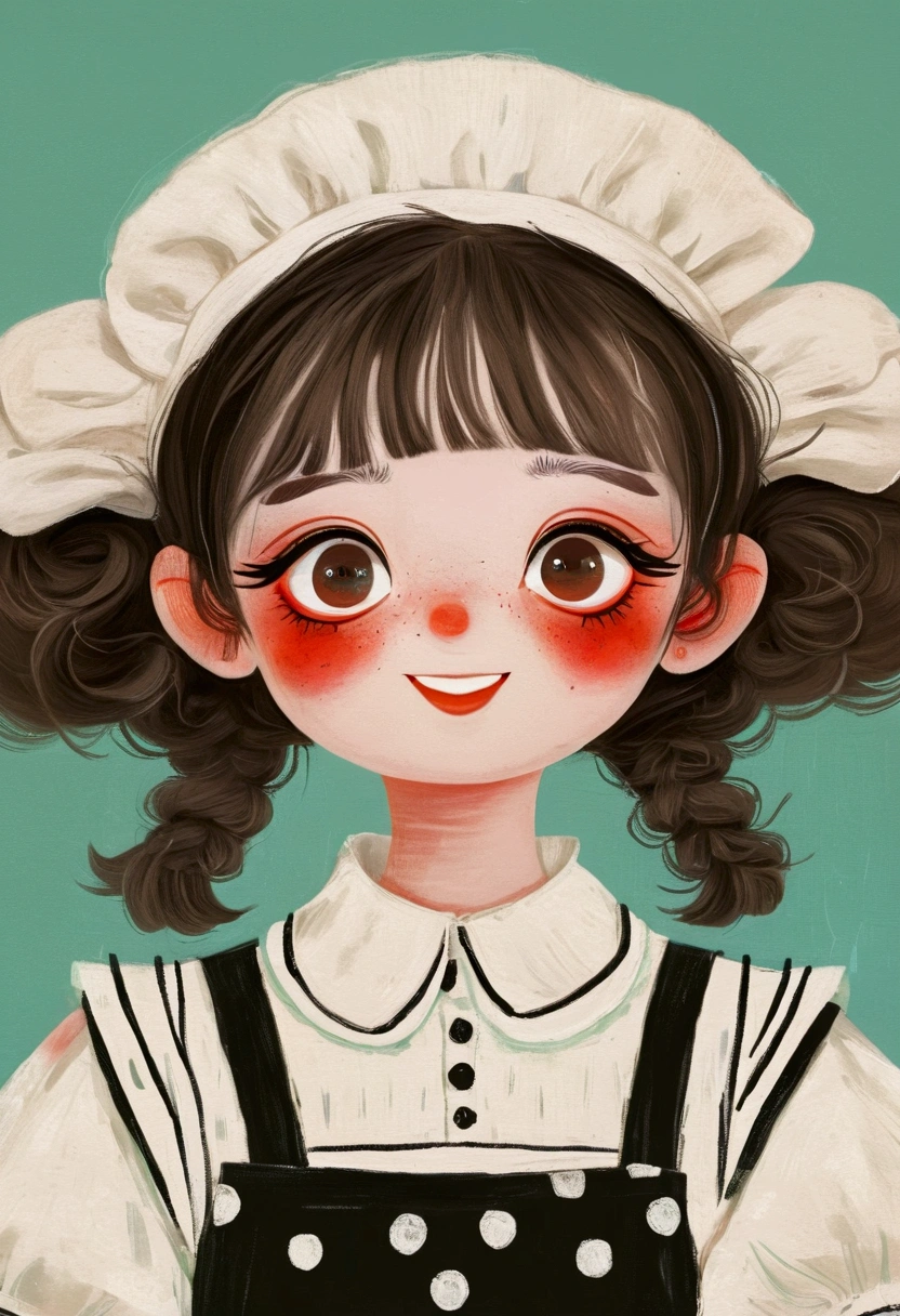 A painting，Pastel Art：Little girl in black and white maid costume。big eyes，short hair，laughing out loud，teeth。Lovely art style, Lovely and detailed digital art, Cute numbers艺术, Lovely artwork, Kawaii realistic portrait, Change, Cute numbers, Lovely portrait, Kasuga, Lovely characters, Cute colorful lovely red background