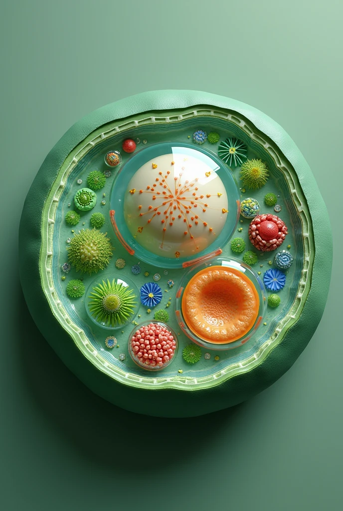 Creating a plant cell model,Has 4 chloroplasts,A transparent bubble,1 cell nucleus,Mitochondria 5,Endoplasmic reticulum。Highlight the nuclear pores on the nuclear membrane,