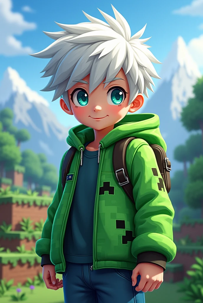 Make a picture of a Minecraft skin of a white haired boy wearing a Creeper jacket