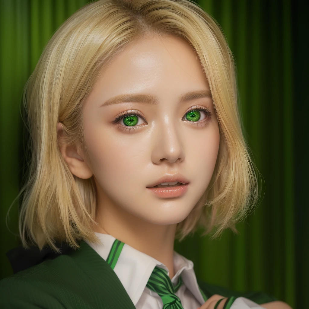 Green eyes、緑色のネクタイをしたBlondeの女性が写真を撮るためにポーズをとっている, Inspired by Yanjun Chen, Soft Portrait Shot 8k, a Surreal school girl, Cute realistic portrait, Cute round green slanted eyes, Blonde、Green Eyes, Surreal school girl, with 深いGreen Eyes, K-Pop Idol Portraits, Blackpink&#39;s Joshi portrait, 深いGreen Eyes