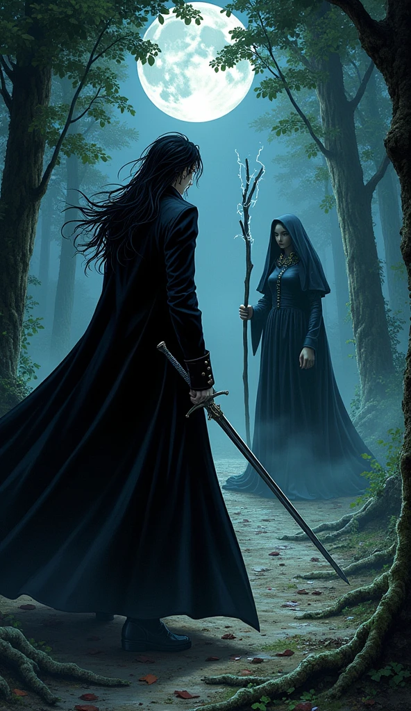 Full-body illustration of "Vampire Hunter D" by Yoshitaka Amano. The male character D, dressed in all black with a European aristocratic-style white shirt under a long black coat, stands in a dark and mysterious forest, his pale, handsome face framed by flowing black hair. His intense gaze is locked onto a powerful witch, who stands opposite him. D's long, thin sword is held firmly in his right hand, the blade gleaming as he prepares to strike. The witch stands ready, wielding a twisted wooden staff crackling with dark energy, surrounded by an aura of sinister magic. The air crackles with tension as the two powerful beings face off in a 1v1 duel, with the eerie light of the moon filtering through the dense canopy above. D's movements are swift and precise as he launches into battle, his coat billowing dramatically behind him. The scene captures the moment of their epic clash, filled with energy and suspense.