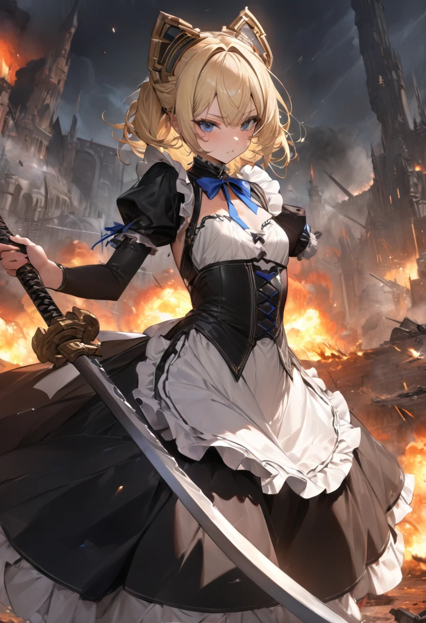 ((Highest quality:1.6)), ((Ultra-high resolution:1.6)), ((masterpiece:1.6)), (detailed:1.4), (detailedな顔:1,4), (detailedな目:1.4), (Perfect Anatomy:1,4), (Perfect Face:1,4), (Draw the whole body:1.2), (detailedなイラスト), One Girl, cute, strong, (Blonde, Small breasts, Black Dress, White apron, Blue ribbon, Gold A-line, Gothic maid outfit, Long:1,4), Burning Battlefield, Castle Defense, explosion, Large two-handed sword, (Western design sword), Tsuba competition, A strong enemy in front of me, Close race, fierce fighting, Deadly Combat, being cornered, I&#39;m somehow managing to protect it all by myself., (Slashed by a sword:1,6), (Torn apron:1.6), (Torn clothes:1.6), (Dirty clothes:1,6), (Dirty with ash and soot:1,6), Whole body dirt, scratch, Blood, Brandishing a sword with both hands, (Dirty clothes:1,4), (Torn:1,4), 