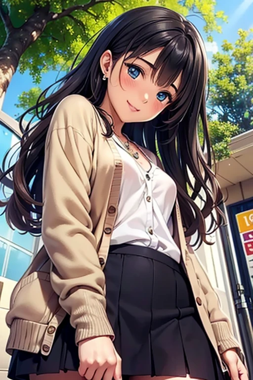 #Basics A girl is posing for a photo, (((One Girl))), (((Baby Face:1.4)) + ((cute:1.4)) + ((15 years old))), 
break 

#Clothing Accessories 
((Red Long Tight Skirt)) + ((Black camisole)) + ((Cream sheer cardigan:1.4)) + (Blue sneakers), 
(red gem earrings), (Silver Necklace), 
break 

#Features 
((Black Hair:1.2)) + ((Oblique bangs + Very long side bangs)) + ((Medium Hair : Long Hair + Wavy Hair + Hair curled outside)), 
((Droopy eyes:1.4, Big eyes:1.2), blue eyes), (Small breasts:1.2), (Neutral facial features), 
break 

#background environment 
((noon, Sunlit sidewalk in downtown + street tree)), 
#Facial Expression Pose  
(smile, blush), (model posing), 
#composition 
(Turn your face away from the camera), ((Character Focus), (Angle from below), (Cowboy Shot)), 
break 

#Body parts elements 
(Slim figure), 
(Symmetrical facial features), 
(Detailed Hair, Beautiful Hair, Shiny Hair), 
(double eyelid, Long eyelashes, Thin eyebrows:0.5, Thin eyebrows:0.5), 
(Expression of fine eyes, Beautiful and delicate eyes, Sparkling eyes, Eye Reflexes, Glitter Eyeliner), 
(Human Ear), 
(Beautiful Nose, Thin Nose), 
(Glossy Lips, Beautiful Lips, Thick lips), 
(Detailed skin, Textured skin, Beautiful Skin, Oily skin), 
break 

#Quality Image Quality Common 
(((Highest quality)), ((masterpiece:1.3)), ((Very detailed))), ((Ultra-high resolution)), ((16K, 1080P)), ((Full HD)), 
(Anatomically correct), (Realistic), (3DCG), (Oil painting), 
((comics, anime)), (CG illustration), (RAW Photos), 
