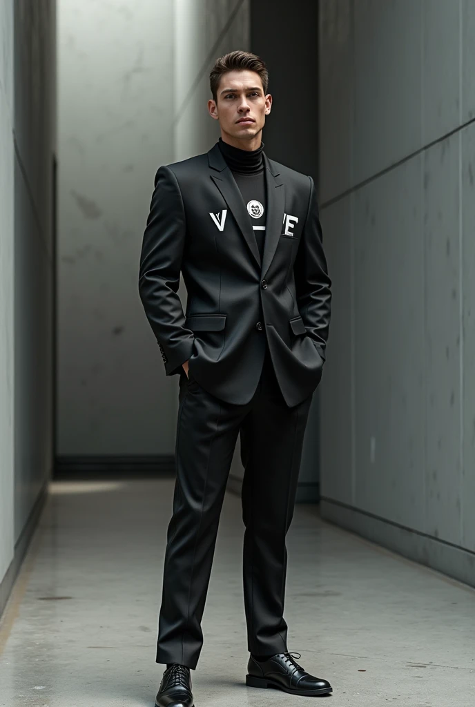 Make a suit with the vlone symbol in the middle of the Vlone brand suit , make vlone writing, MAKE A SUIT make a man wearing it 