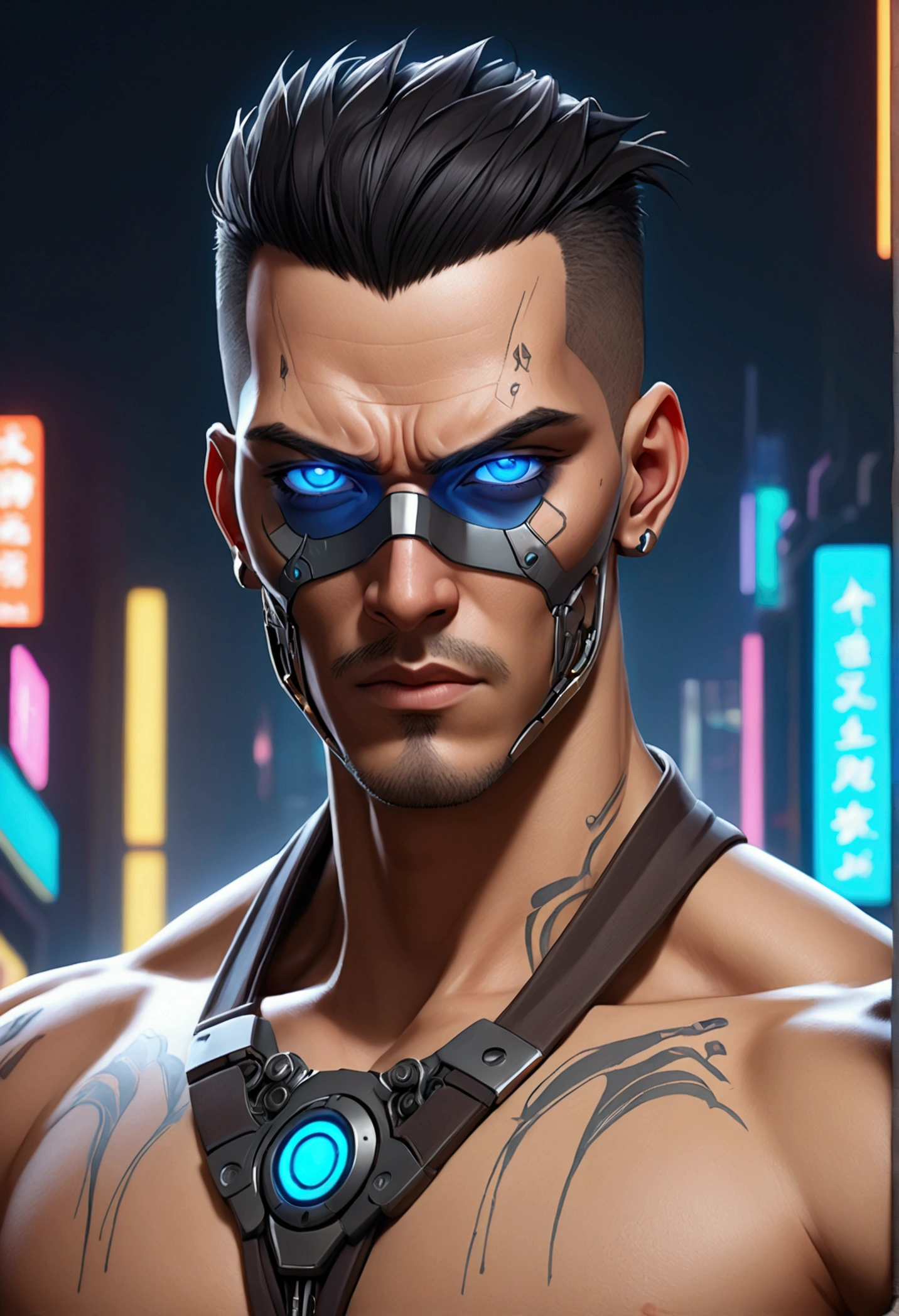 (best quality, Art, animation styling, Full of details), Upper body cut of a man with an Indian warrior feel, A man with a thick facial bone structure, A man with a thick neck and developed trapezius muscles, official anime art illustration, White person with blue eyes, Cartoon of a man wearing a mask on his face, protruding eyes, semi-realistic cyberpunk style, Portrait of a cyberpunk man, cyberpunk art ultrarealistic 8k, cyberpunk style , hyper realist, cyberpunk character, Trends in ArtStation, Complete movie character, Trends in ArtStation 4k, Cyberpunk Cyborg Upper Body, Realistic upper body like a movie, A perfectly realistic cyberpunk hero., inc썩음ibly detailed, 8k, Ultra HD, Art, best quality, very detailed, convoluted, Expressing the upper body, Show me your waist, Cyborg, a machine-to-human ratio, Chest area full of visible machine parts, Machine parts for abs too, All below the neck is mechanical, Attaching machine parts to the face, Strong light emission on waist belt, A brightly lit city background, dark colored machine, full body pose, whole body