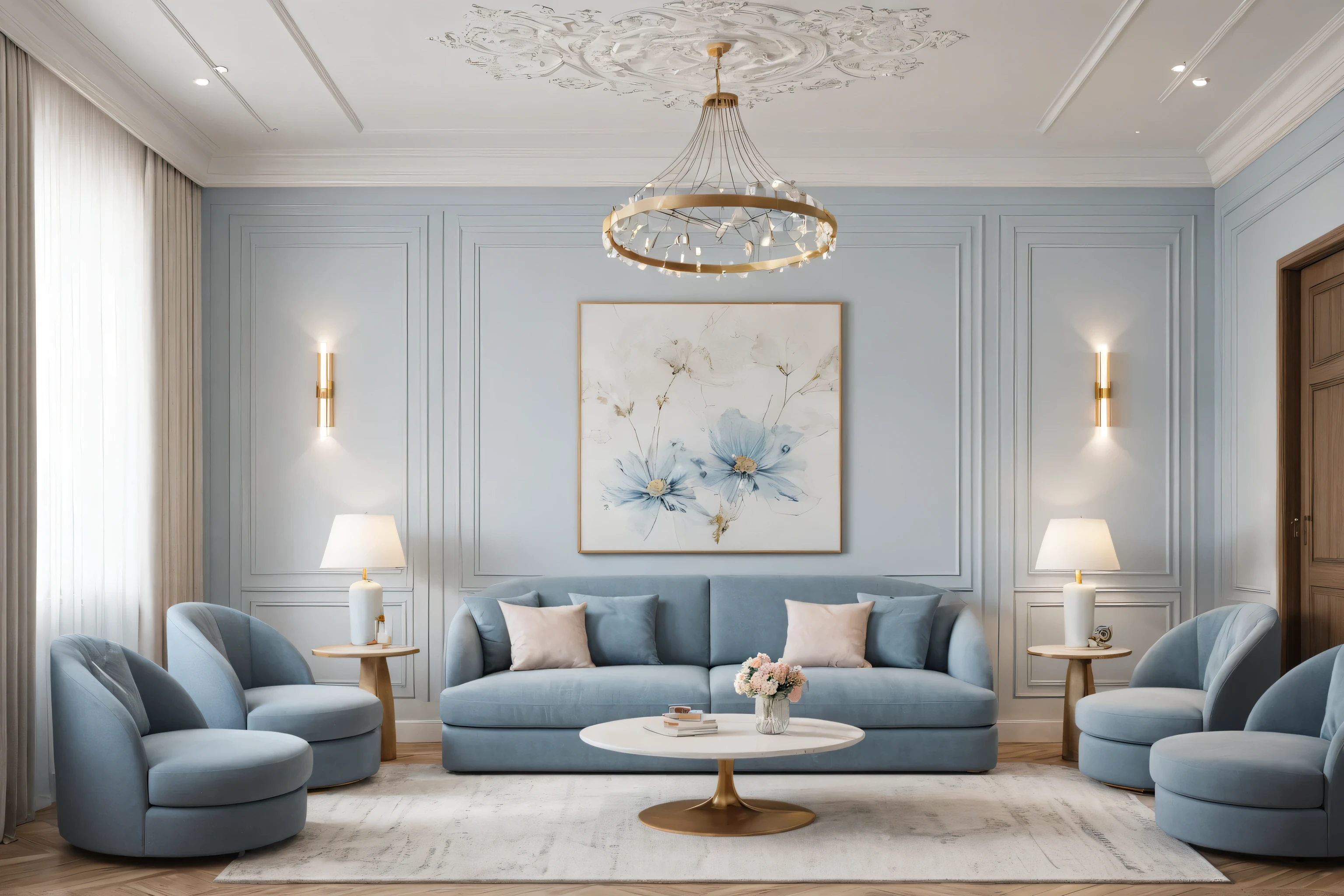 Neoclassical livingroom interior, white tone, wooden floor, gray carpet, ceiling light, light blue sofa and flower, picture, white curtain on the left, (picture:1.1), marble wall, many moldings, wall lamp,window, natural light