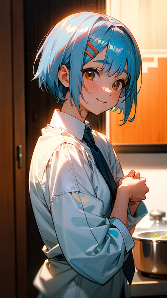 1 girl、Anime Images、kitchen、Delicious food、shrimp、Both hands facing away from the camera、Shiny light blue hair、Short Bob Hairstyles、Tie your hair with an orange hair clip、Beautiful brown eyes、smile、Upper body close-up、Sharp contours、Background Blur、Written boundary depth