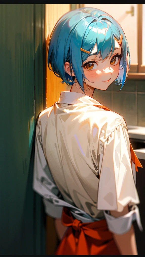 1 girl、Anime Images、kitchen、Delicious food、shrimp、Both hands facing away from the camera、Shiny light blue hair、Short Bob Hairstyles、Tie your hair with an orange hair clip、Beautiful brown eyes、smile、Upper body close-up、Sharp contours、Background Blur、Written boundary depth