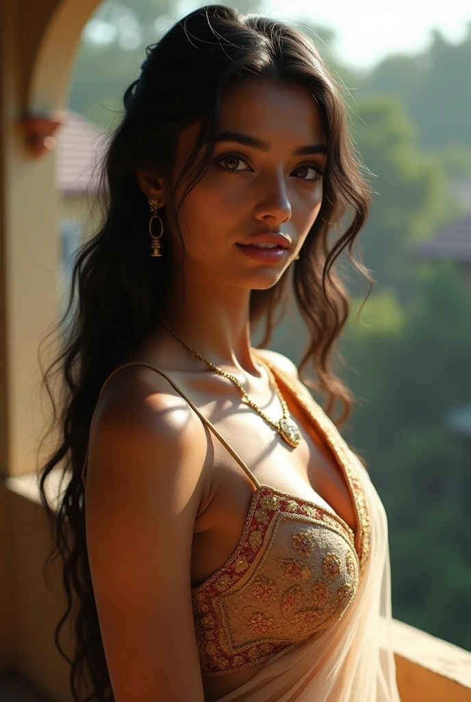 Black haired indian girl, in balcony, transparent saree, short indian blouse, deep cleavage, soft breast