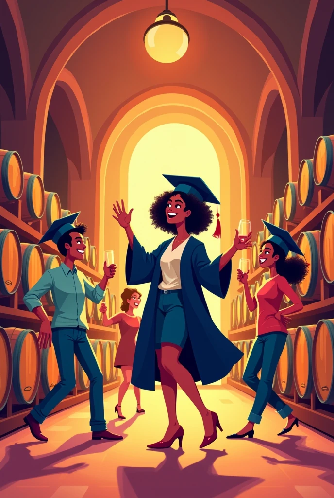 Make a poster of a wine cellar inside a nightclub for an engineering graduation party, that the poster does not have letters, just the image, that the characters are abstract cartoons dancing and that everyone wears a graduation cap and is dressed smart casually, In addition, there is a WOMAN with black hair and white skin in the middle dressed in a cap and gown, Make the cellar look big with furniture and a PARTY atmosphere