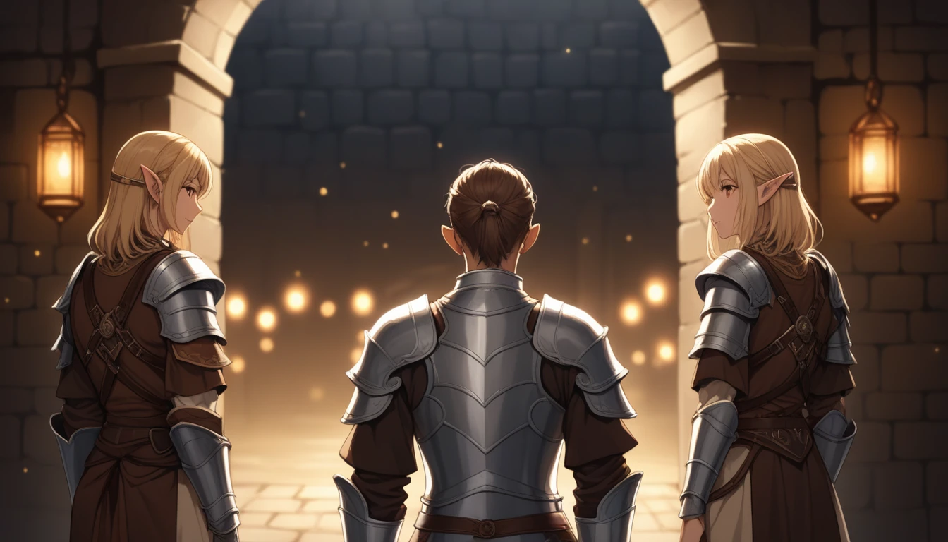 8K, RAW, best quality, masterpiece, ultra high res, colorful, (medium wide shot), (dynamic perspective), sharp focus , (depth of field, bokeh:1.3), extremely detailed eyes and face, beautiful detailed eyes,
(1girl, elf girl, tiny, short, dressed in light armor, blonde hair, brown eyes, dark tanned skin), (1man, human male, strong, dressed in armor, brown hair, brown eyes),
(dungeon entrance background, from behind, from back), 2others, side by side