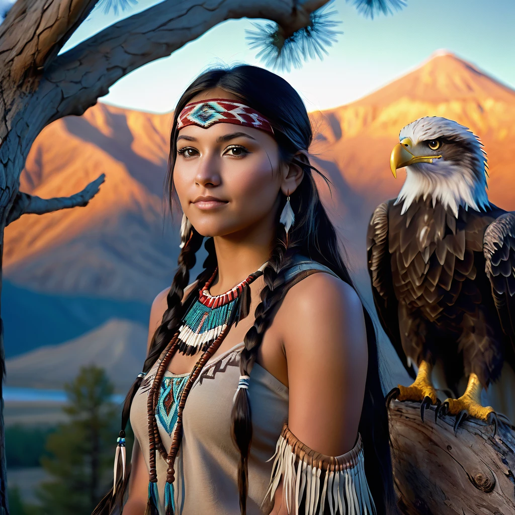 (grainy:0.5), cinematic, beautiful girls 25 year old native american,fantasy,(solo:1.3), detailed brown eyes, detailed face, detailed native american sexy clothing, volumetric lighting, dusk, extremely detailed background, standing next to tree and mountain, smiling, half closed brown eyes, tilted head, from side, sitting next to her Bald Eagle