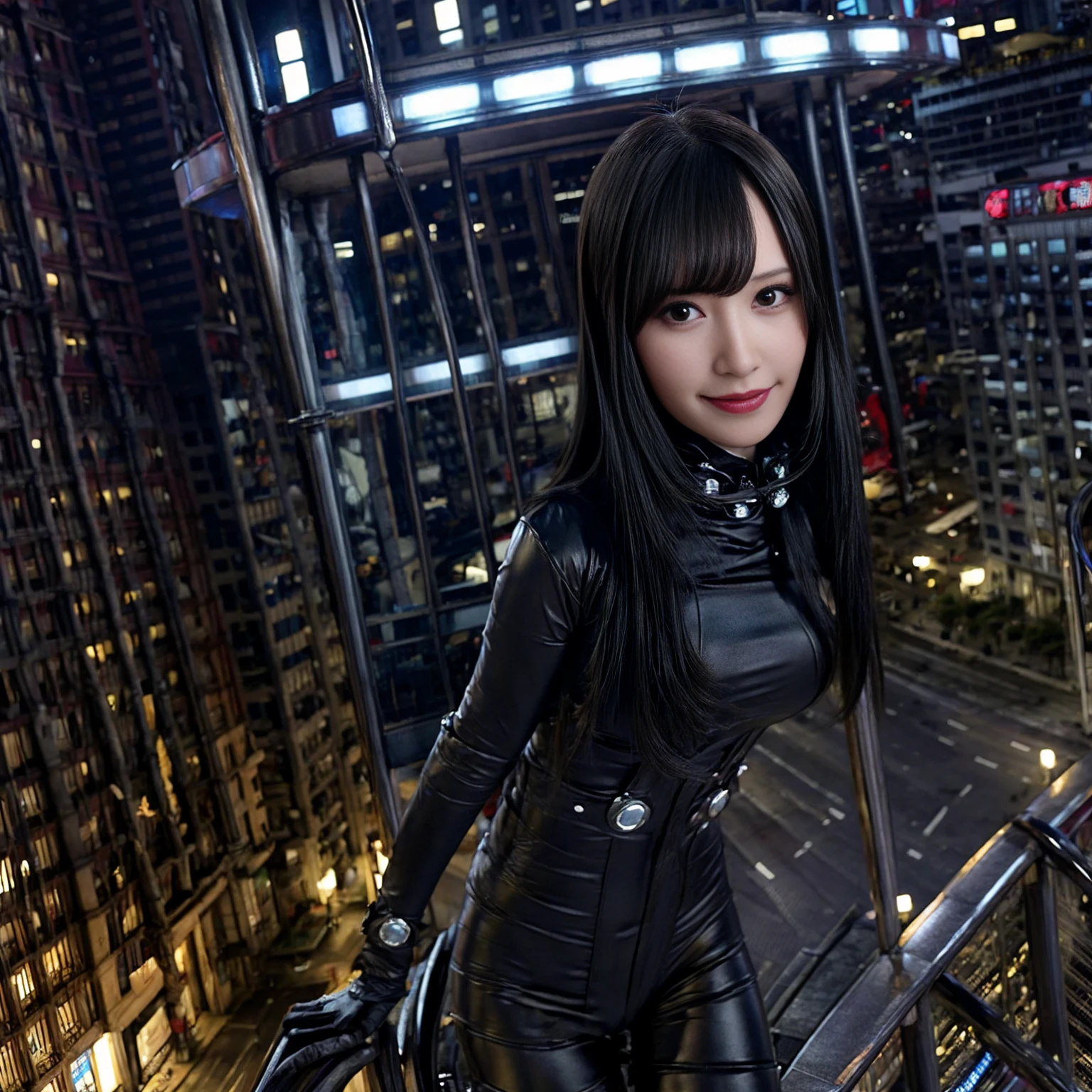 woman、smile、Bodysuits、cute、Bodyline、City of night、beauty、Highest quality、Describe the whole body、Skyscraper、Ultra HD、Official photo、Portrait、Official Art