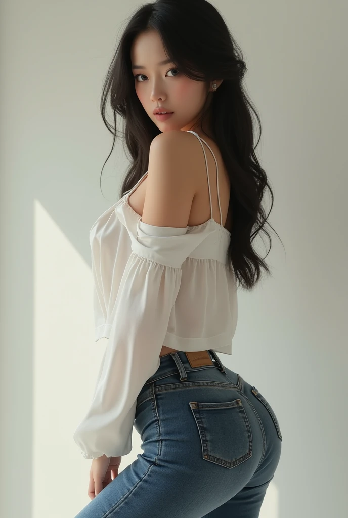 beautiful woman, fuu body, low rise tight jeans, white blouse, cleavage, silm hips, groin showing, skinny woman