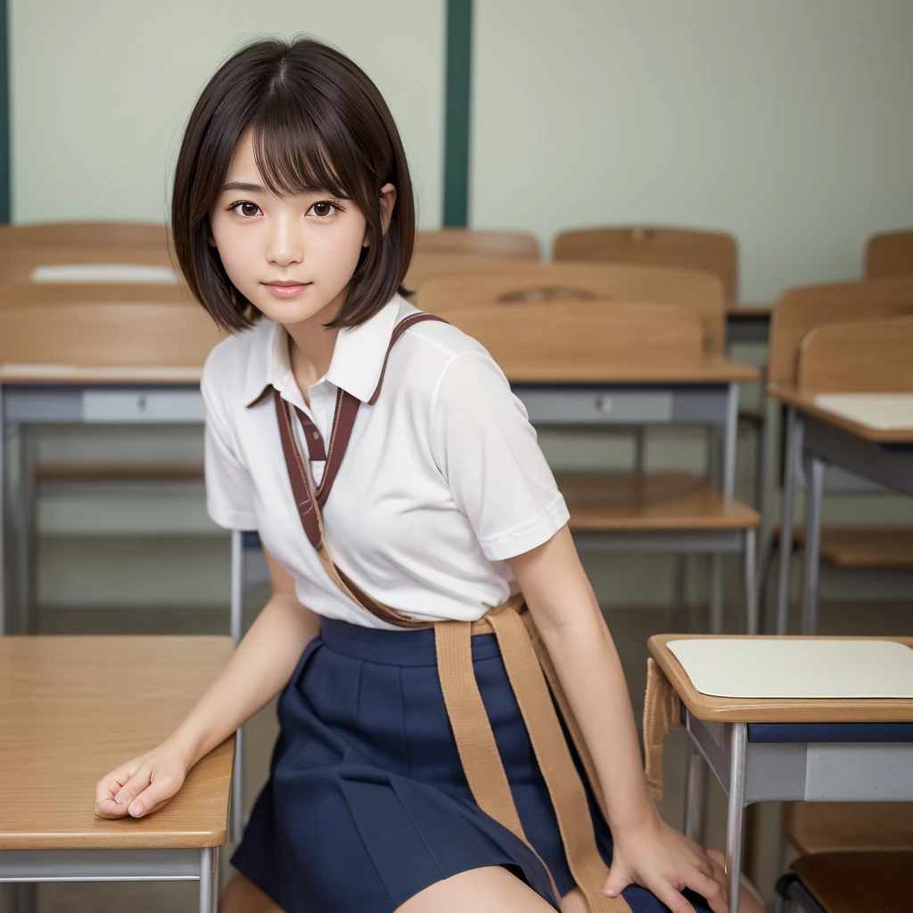 Highest quality, Face Focus, Soft Light, Ultra-high resolution, (Realistic:1.4), RAW Photos, 1 Japanese girl, alone, cute, (A shy smile:0.5), (Brown eyes, Light in your eyes), Beautiful face in every detail, (Small box),(High resolution detail of human skin texture), (Short Bob Hair), break, In the classroom,Navy uniform, Best, skirt
