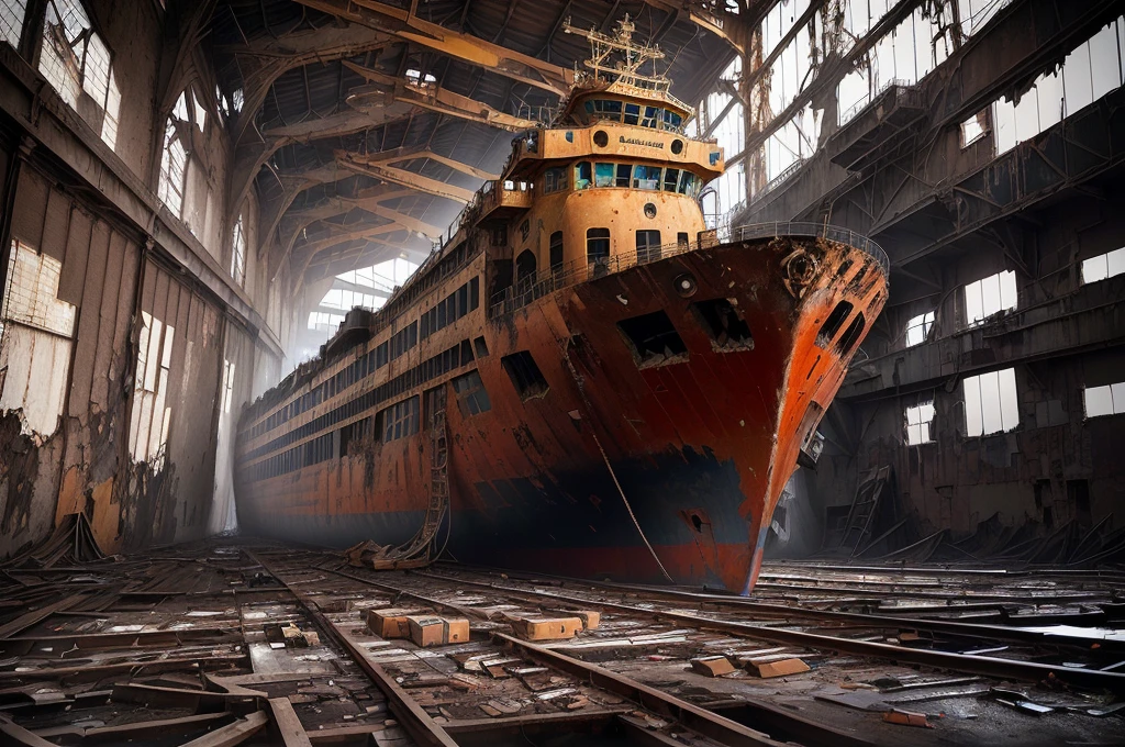 Arafad ship in a large warehouse with many windows, Portrait of a sunken ship, by Sebastian Spren, urbanization photography, author：Matthias Wescher, abandoned, 廢abandoned的 space ship, 廢abandoned的, urbanization, an abandoned old, rust, shipyard, destroyed ship, surreal abandoned buildings, 一张rust的照片, author：Alexander Gerasimov , (low angle shot 1.8) ( Camera shot close to the ground 1.8 ）

