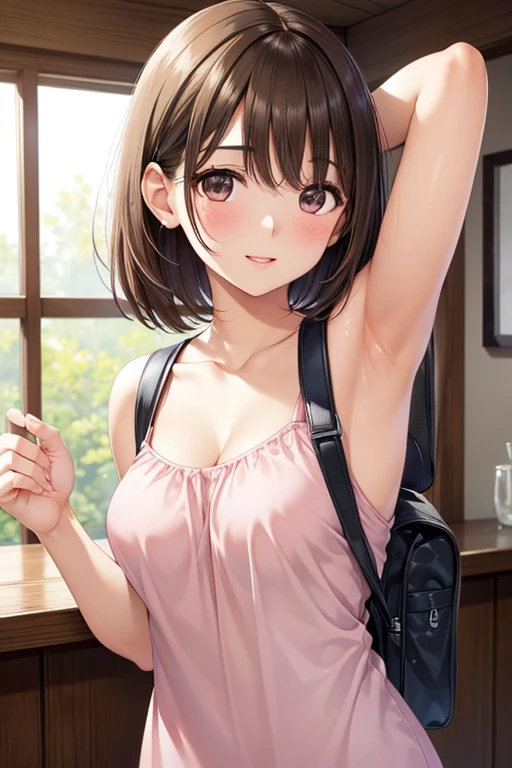 anegasaki nene、Shiny brown hair, short hair, (Beautiful brown eyes、Sparkling eyes, Fine grain)、smile、Ultra-detailed eyes、Highly detailed face, Highly detailed eyes,
((Show me your armpits)),((Sleeveless pink mini dress)),Cleavage,(masterpiece:1.6, Highest quality), (Beautiful attention to detail: 1.2), , 1 girl, alone, Brown Hair, short hair, Brown eyes, Backpack, Open your mouth, bangs, Shoulder bar , blush,