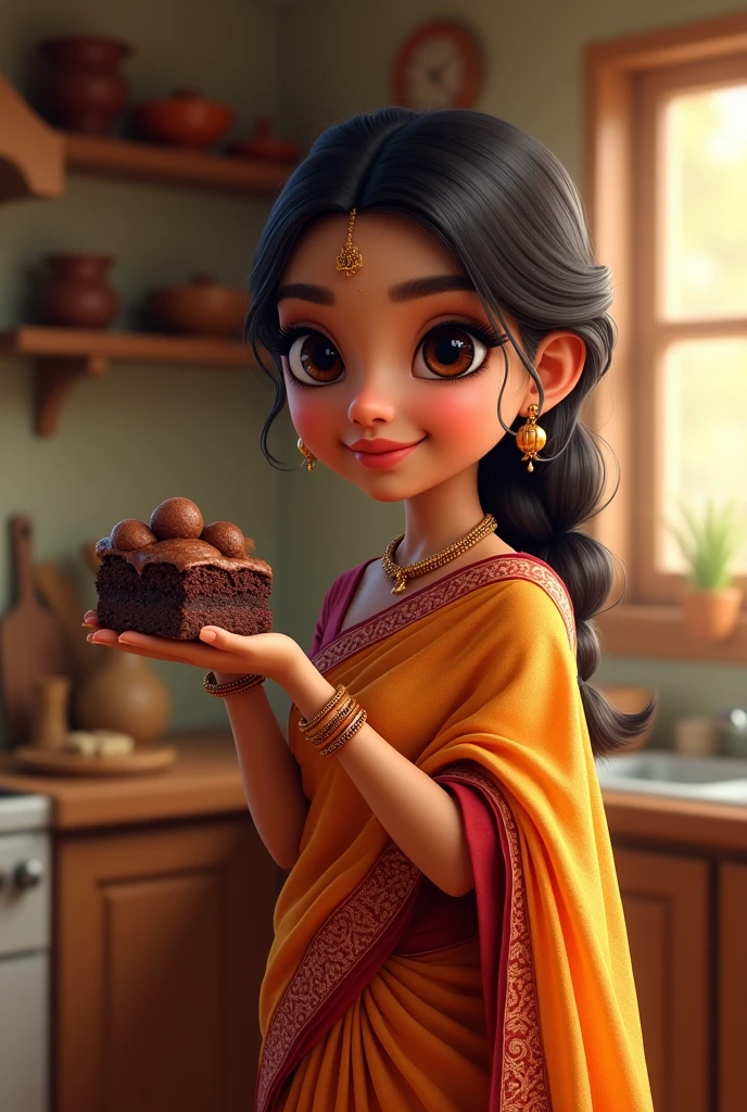 A Indian girl wearing saree in the kitchen and she hold a brownie piece in her hand