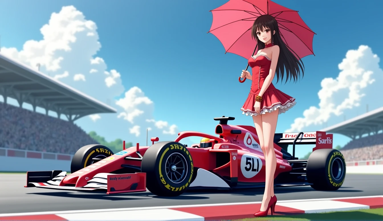 F1 Race Circuit。One young Japanese race queen。Standing with a parasol in front of a race car。The costume you&#39;re wearing、separate。I have a bangle on my arm。Background、Sparkling in the summer sun。Anime Style。Looking from afar。Beautiful legs are attractive。whole body。Wearing high heels