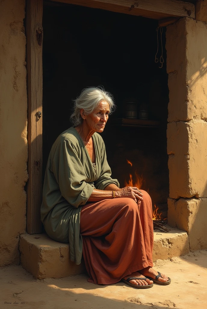 Wife waiting for her husband in mud house