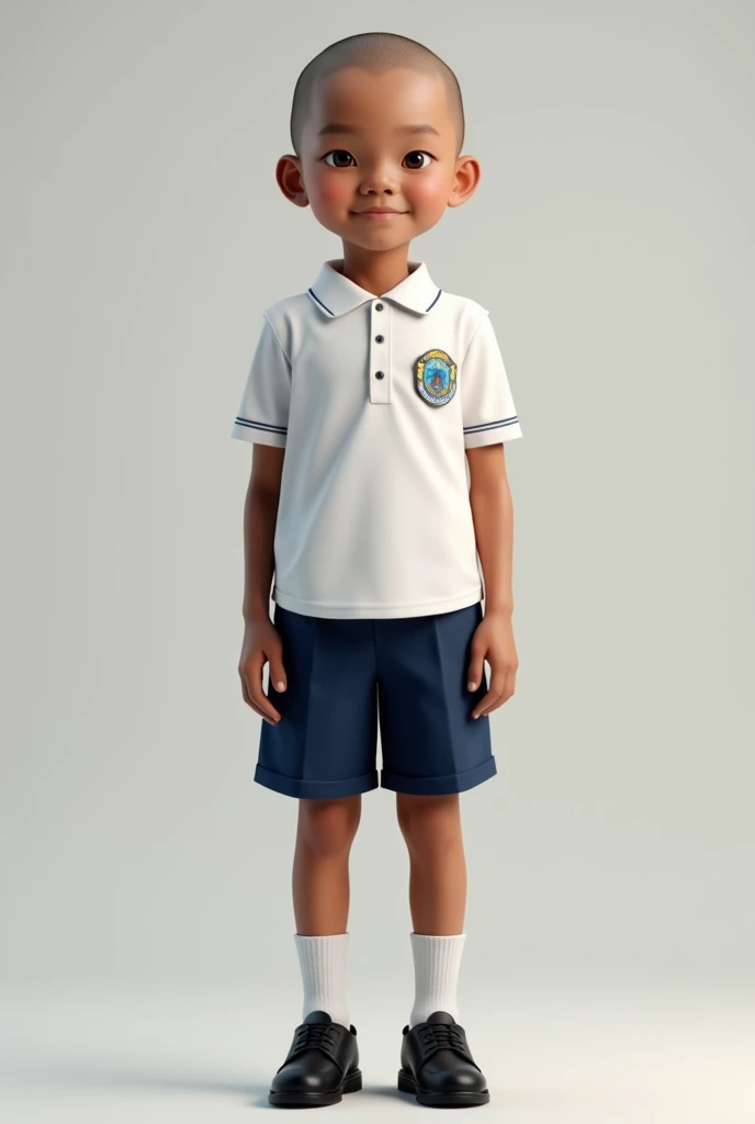a bald Indonesian boy wearing an elementary school uniform