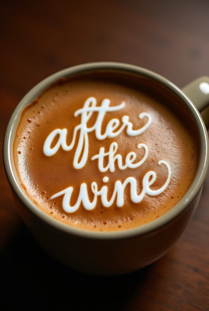 A cup of coffee with a smooth, creamy surface. The coffee foam is carefully crafted to spell out the words "after the wine" in an elegant and flowing typography. The setting is warm and cozy, with earthy tones and soft lighting that highlights the texture of the foam and the words emerging from it.