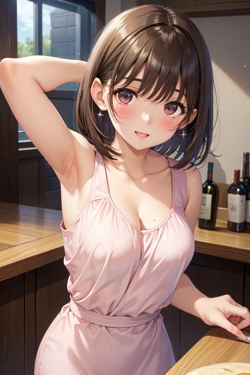anegasaki nene、Shiny brown hair, short hair, (Beautiful brown eyes、Sparkling eyes, Fine grain)、smile、Ultra-detailed eyes、Highly detailed face, Highly detailed eyes,
((Show me your armpits)),((Sleeveless pink mini dress)),Cleavage,(masterpiece:1.6, Highest quality), (Beautiful attention to detail: 1.2), , 1 girl, alone, Brown Hair, short hair, Brown eyes, Backpack, Open your mouth, bangs, Shoulder bar , blush,