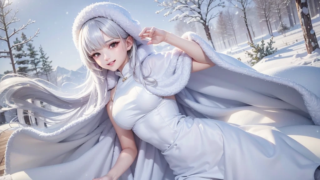 masterpiece、Highest quality、1 girl, winter, white hair, Cute girl, smile, close mouse, medium breasts, white dress, winter clothes, Fur coat、Small waist、Thin legs、outdoors, snow falling, in the forest