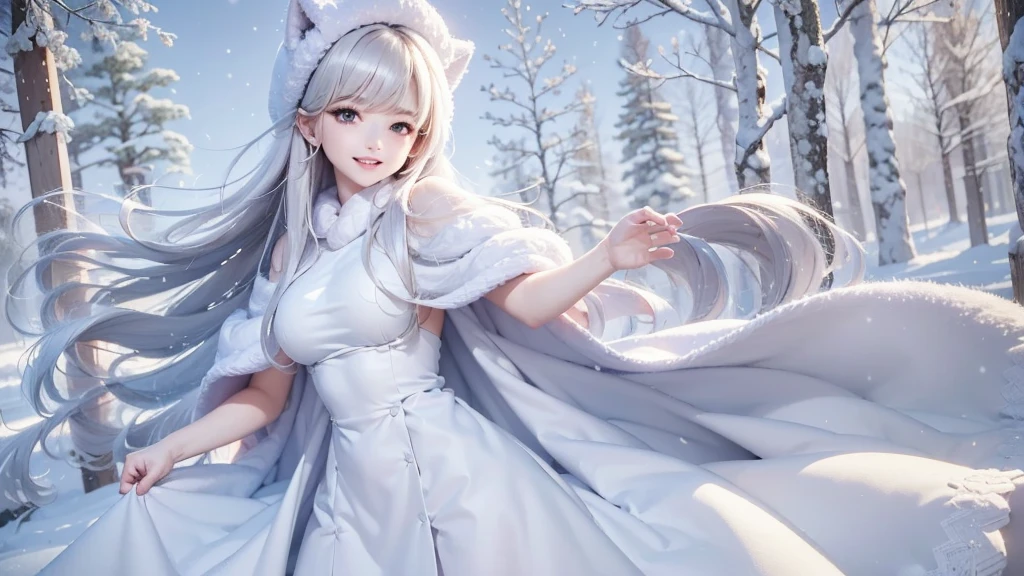 masterpiece、Highest quality、1 girl, winter, white hair, Cute girl, smile, close mouse, medium breasts, white dress, winter clothes, Fur coat、Small waist、Thin legs、outdoors, snow falling, in the forest