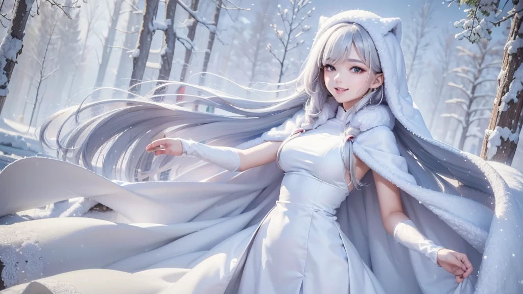 masterpiece、Highest quality、1 girl, winter, white hair, Cute girl, smile, close mouse, medium breasts, white dress, winter clothes, Fur coat、Small waist、Thin legs、outdoors, snow falling, in the forest