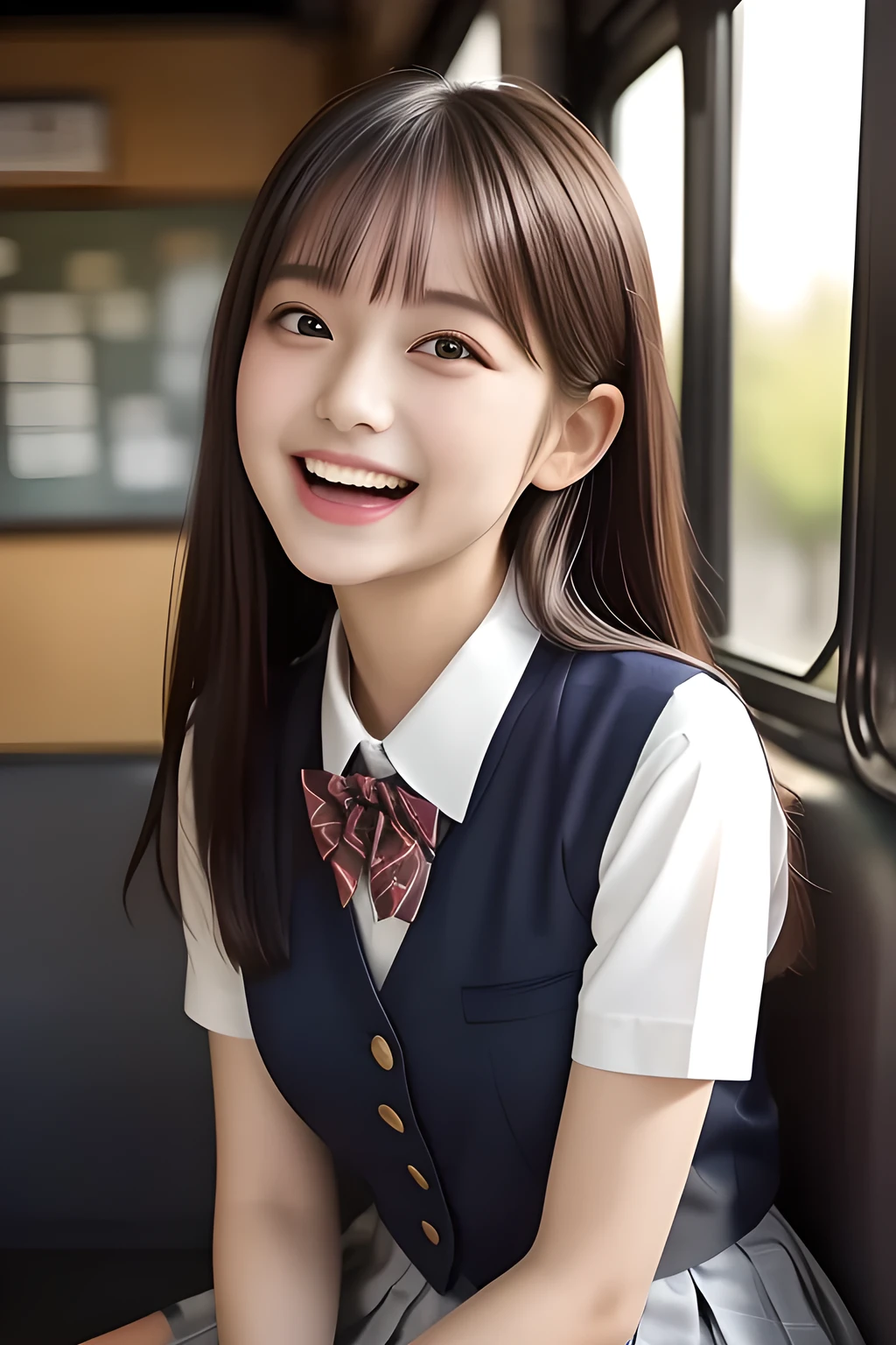 (highest quality, masterpiece, high resolution:1.2), 4K, (Photo quality detailed face: 1.4), (Giorgione painting style: 0.8), geometry, (14 yo cute girly Japanese girl is seated and looking me up in a train: 1.0), Laughing cutely, (neat girly white short-sleeves school blouse: 1.0), (puffed short sleeves: 1.0), (Dark red glossy school ribbon on the breast: 1.0), (Gray Japanese school girly vest Uniform: 1.2), (Box-pleated gray short school skirt: 1.2), (Extremely laughing cheeks: 1.0), (Beautiful light-amber cute-dolly large clear eyes with detailed cutely: 1.4), (Long bottom eyelashes: 1.2), (Expressing the greatest joy with her whole body: 1.2), (Glossy lips: 1.0), (Super-straight super-long hair: 1.5), (white and clear skin: 1.0), (Promoting Shampoo: 1.2)