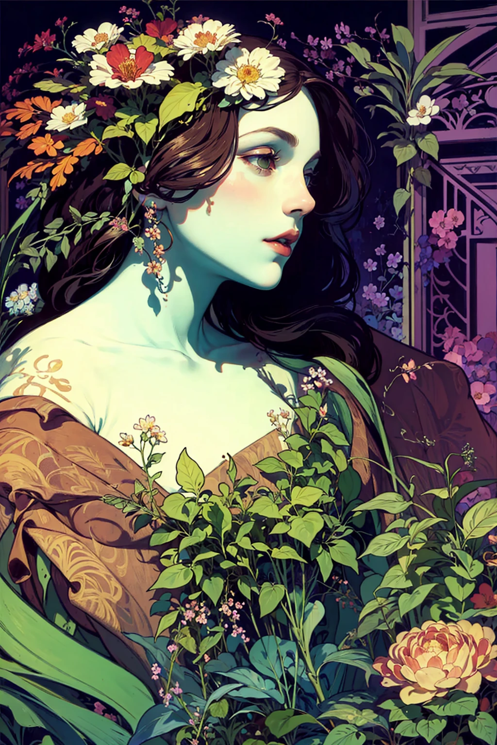 intricate floral patterns, detailed petals, vibrant colors,
art nouveau style, Alfons Mucha inspired,
a Girl,
photorealistic, 8k, best quality, masterpiece,