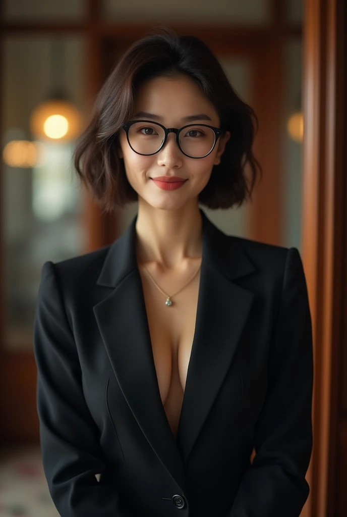 (Highest quality、Highest quality、8k resolution、masterpiece、Professional photography、Award-winning works)、(mature beautiful japanese woman:1.1)、(The most romantic office night ever 1.1)、(Strongly blurred background:1.1)、The most romantic and moody atmosphere、(The perfect business suit:1.2)、(Cleavage:1.3)、(Voluptuous body:1.3)、Standing Elegantly、Voluptuous body、(Very short wavy hair:1.1)、(Classy glasses:1.2)、A seductive look staring at me、(Large Breasts:1.3)、Perfect Makeup、Beautiful lipstick、Elegant eyeshadow、Long eyelashes、Ultra-high resolution glossy skin、(Accurate anatomy:1.1)、(Closed lips:1.2)、(Face close-up:1.2)