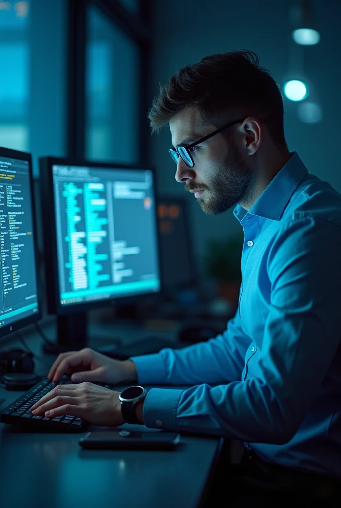 Man focused on a work environment with computers to illustrate the concept of cybersecurity