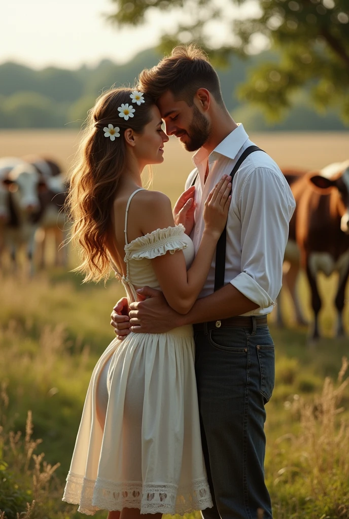score_9, score_8, score_7_up, 1girl, 1boy, magnificent body, A luscious milkmaid has fun with her boyfriend on a farm