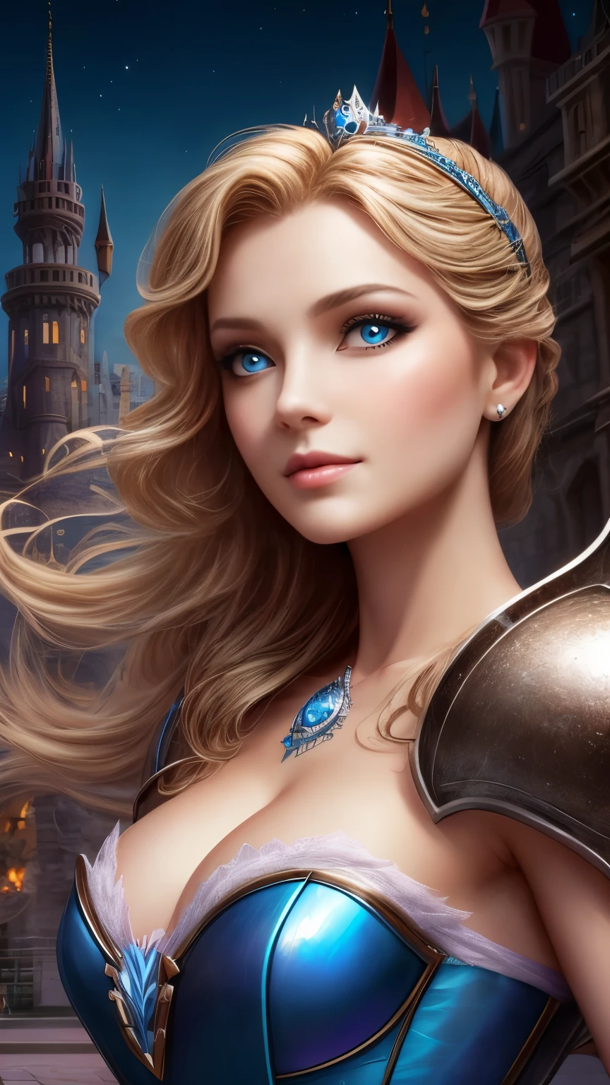 8k resolution, masterpiece, Highest quality, Award-winning works, unrealistic, Anatomically accurate skeleton, sole sexy lady, doaxvv_amy, healthy shaped body, 18-year-old, height: 158cm, Her size is B/W55/H88, Blonde long hair, Twin ponytail, break, Mysterious big blue eyes, Standard nose, eyeliner, Pink Lips,  hair band, Super huge swaying bust, sexy, Beautiful Skin, Armor with a complex structure, royal coat of arms, elegant, Very detailed, Digital Painting, artステーションコンセプトart, Smooth, Sharp focus, shape, artジャム、Greg Rutkowski、Alphonse Mucha、William Adolphe Bouguereau、art：Stephanie Law , Royal Jewel, nature, Full Shot, Symmetric, Greg Rutkowski, Charlie Bowwater, beep, Unreal 5, Surreal, Dynamic Lighting, ファンタジーart, Complex colors, Colorful magic circle, flash, dynamic sexy poses, A kind smile, Mysterious Background, aura, A gentle gaze, break, Small faint lights and flying fireflies, night, lanthanum, Double Exposure, silhouette(Cinderella Castle, Outdoor, Female Knight, Raise your sword:1.3)